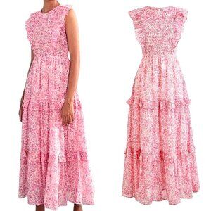 Banjanan, Women’s ‘Iris’ Floral Smocked Tiered Maxi Dress - ‘Pink Meadow’ Medium